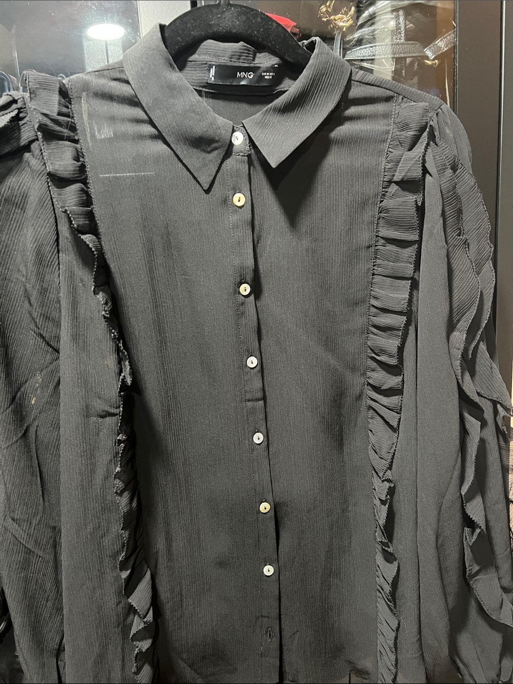 Mango Black Ruffle-Trim Button-Down Shirt